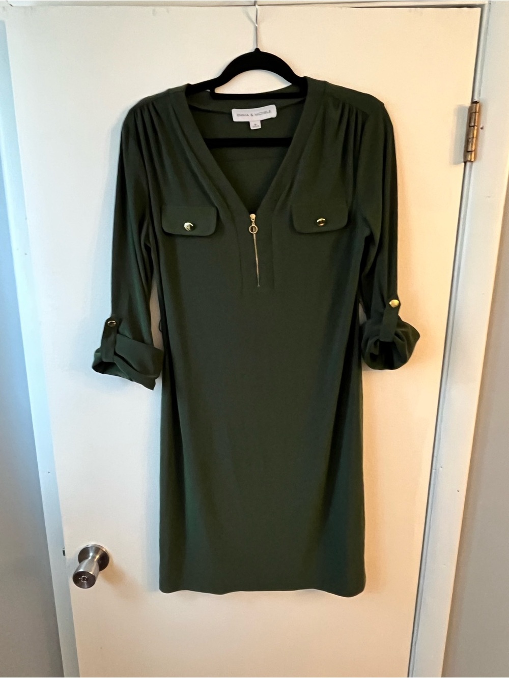 Emma & Michele Olive Green Long Sleeve Shift Dress with Zip